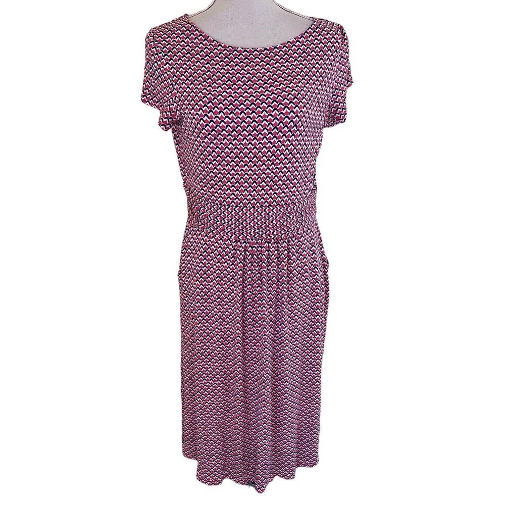 Boden Jersey Knit Waisted Short Sleeve Dress Coral/Navy Blue/White 10L